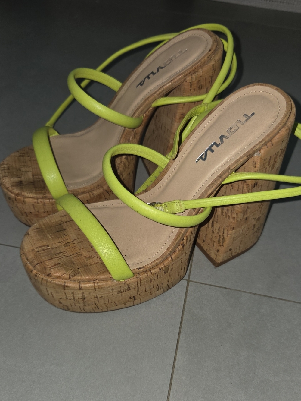 Neon Lime Cork Platform Strappy Sandals